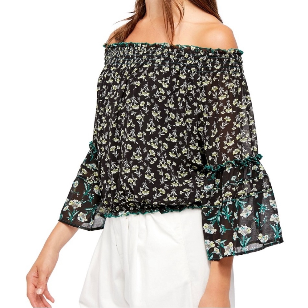 Free People Rose Valley Black Floral Off-The-Shoulder Bell Sleeve Blouse XS